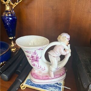Vintage Pink and White Ceramic Vase with Cherub